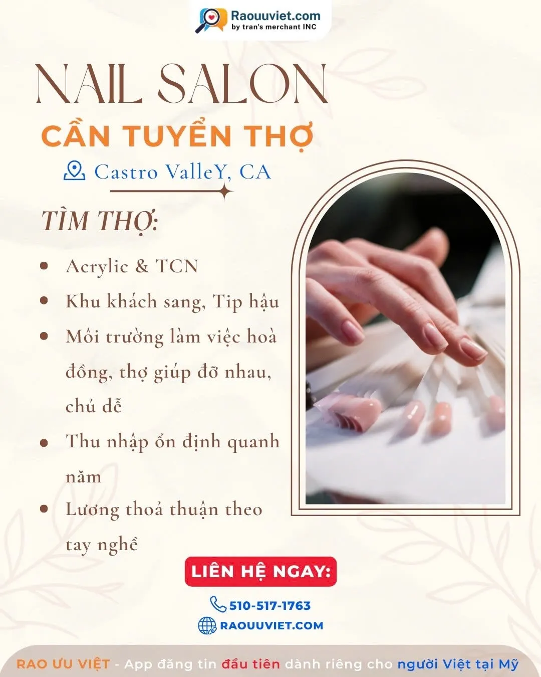 Tiệm Nail tại Castro Valley cần tuyển thợ