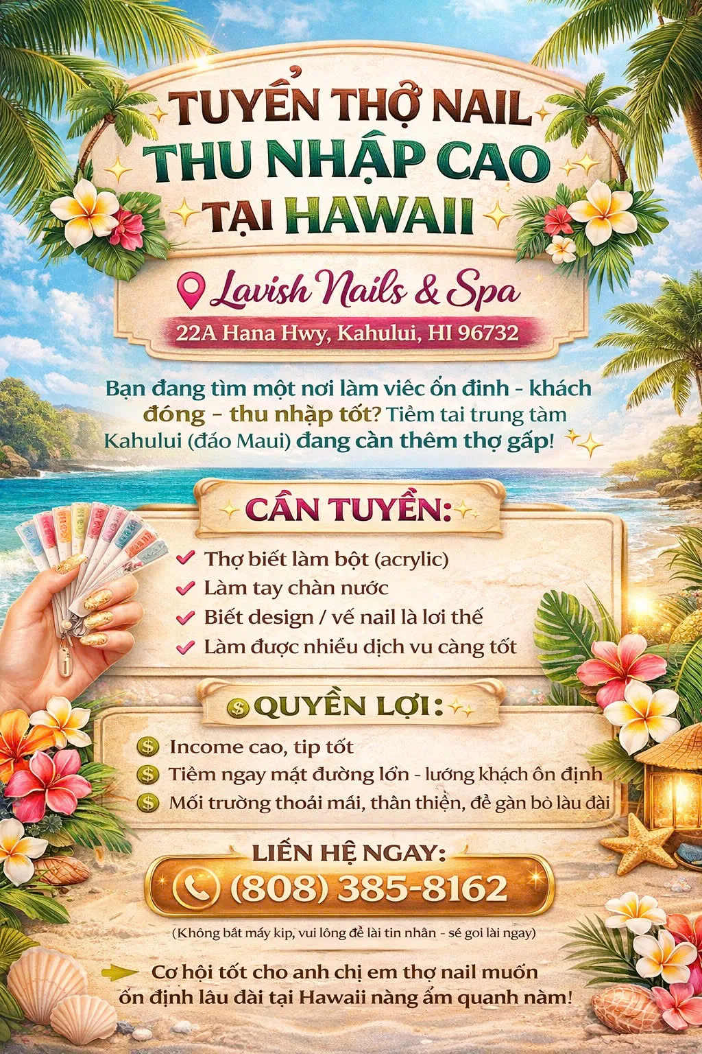 🌴✨ TUYỂN THỢ NAIL – THU NHẬP CAO TẠI HAWAII ✨🌴