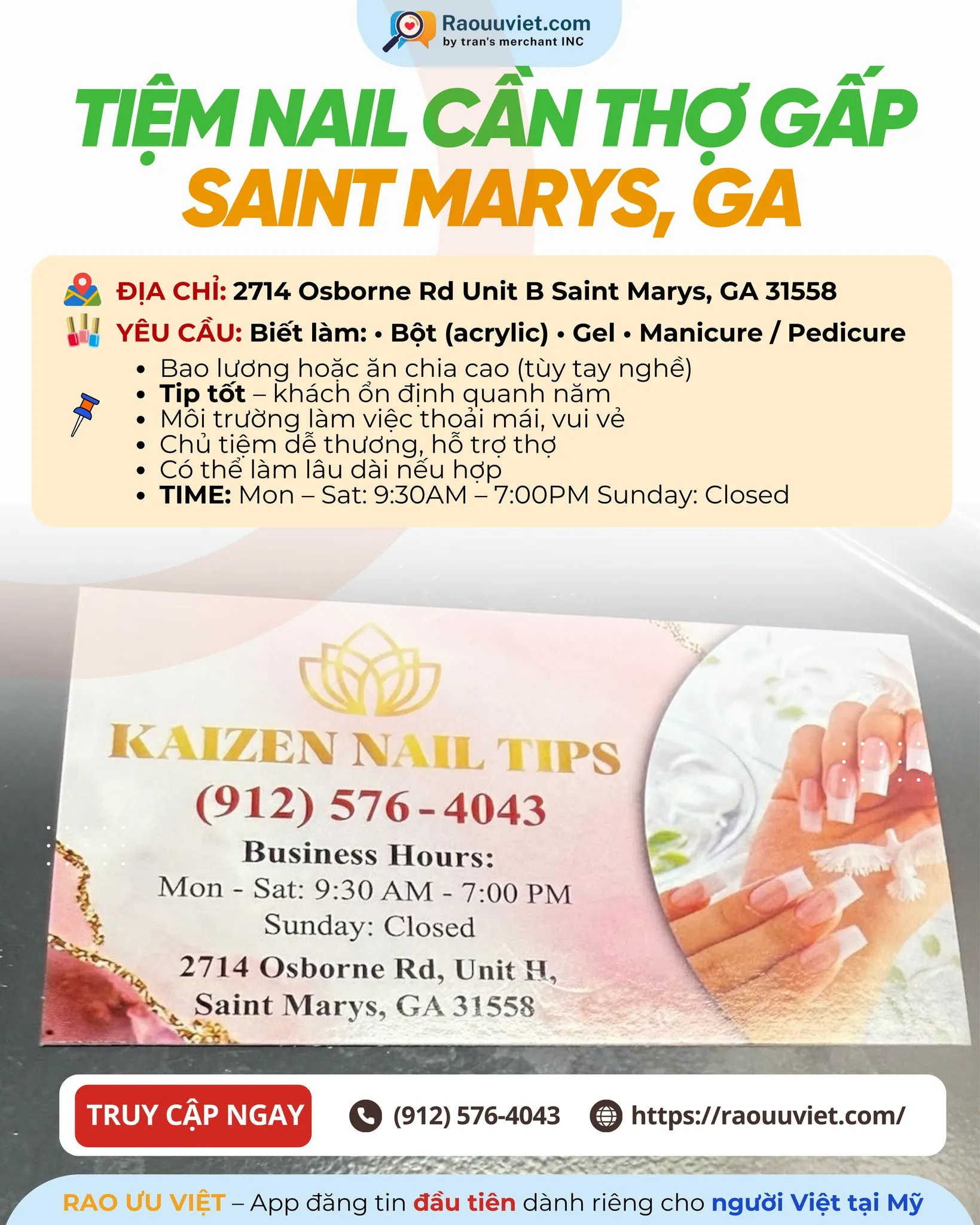 🚨 TIỆM NAIL CẦN THỢ GẤP – SAINT MARYS, GA 🚨
